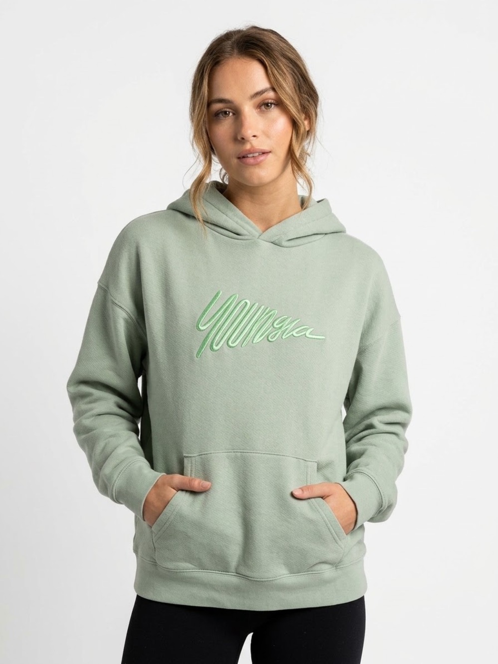 YoungLA Sage Green Hoodie with Neon Green Script Logo